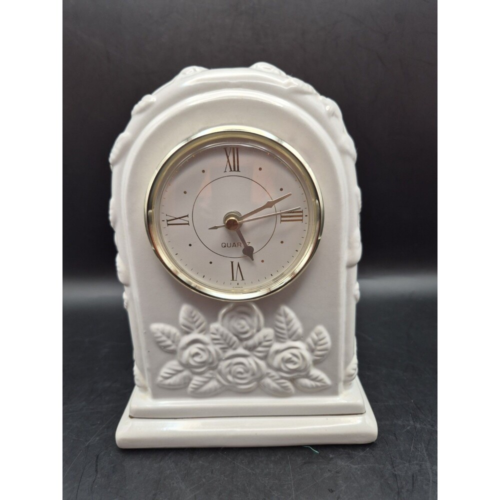 VINTAGE White Glazed Arched Style/Table/Mantle Clock w/Embossed Roses